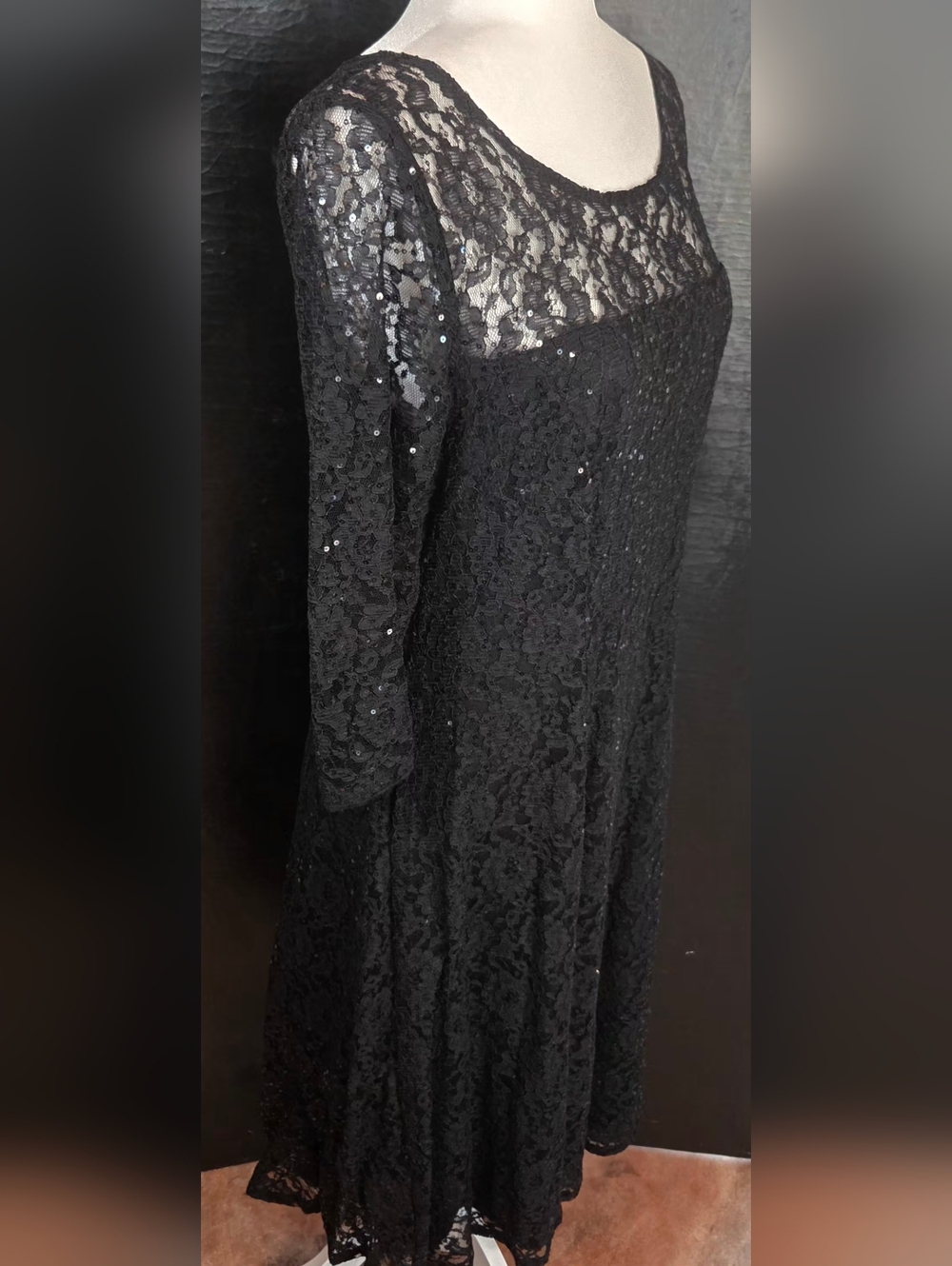 SLNY/S.L. Fashions Black Sequined Lace Fit & Flare Cocktail Dress - Size 10P - Picture 7 of 11